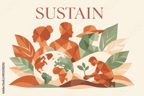 Sustainability concept with diverse people and nature elements