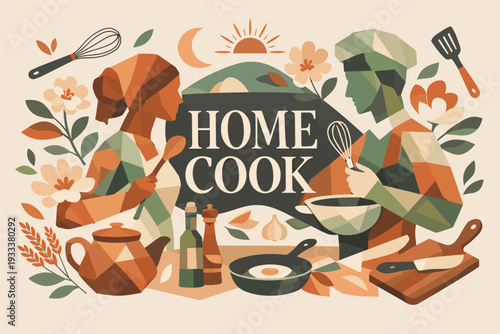 Colorful geometric home cooking scene with diverse young adults