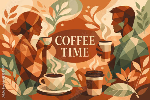 Geometric art of a male and female enjoying coffee surrounded by nature elements