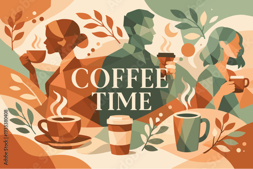 Abstract coffee scene with geometric figures enjoying beverages