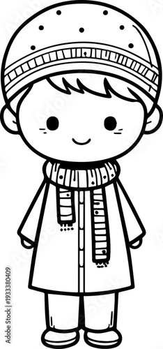 Smiling boy wearing traditional Muslim cap and kurta