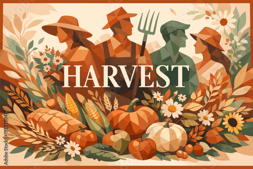 Farmers celebrating harvest season with autumn produce and floral decorations