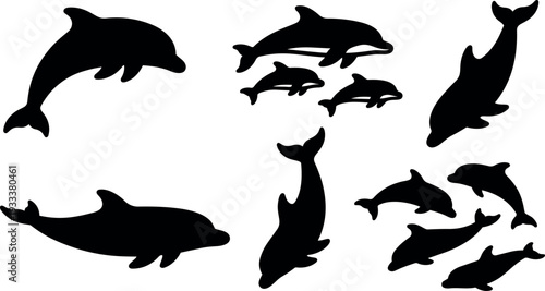 Minimalist silhouette vector art showing multiple dolphin shapes in varied poses arranged on white background in playful group swimming composition
