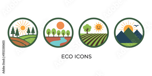 Eco nature landscape icons presenting environmental protection and sustainable themes. Featuring natural scenes with trees, river, mountains, and sun