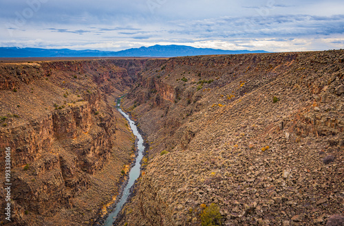 Rio Grande Gorge landscape in New Mexico with rugged canyon terrain and expansive sky in the American Southwest