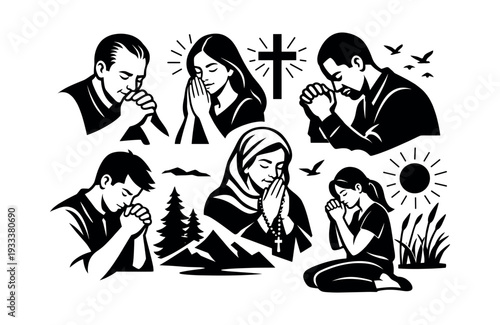 Group of men and women praying with hands clasped, representing meditation and worship in various religious settings