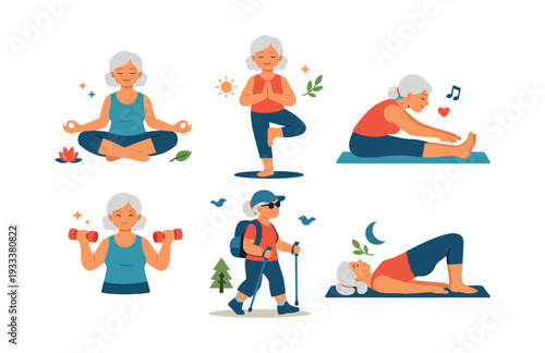 Senior woman exercising, meditating, stretching, lifting weights, and Nordic walking, showing active and healthy aging