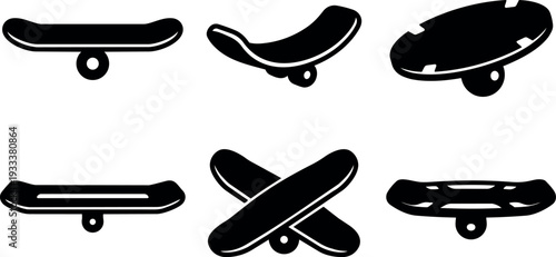 Flat design skateboard icon set showing six black silhouette decks and wheels in crossed side and top angles low angle