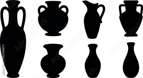 Flat silhouette vector art of eight ancient vase amphora and urn shapes shown with handles and varied necks and bases