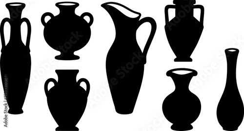 Flat design black vase and amphora silhouettes in row varied handles and necks side view on white background vector art