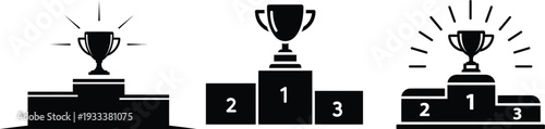 Award Pedestal Vector Icons with Shining Cup and Rays