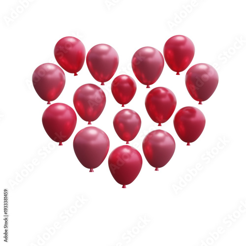 3D red heart-shaped balloons, isolated, no background