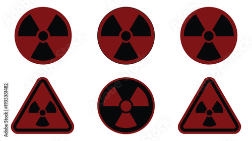 Radiation, warning symbols set featuring nuclear hazard icons, yellow and black trefoil designs, danger signs, safety alert illustrations, modern flat vector
