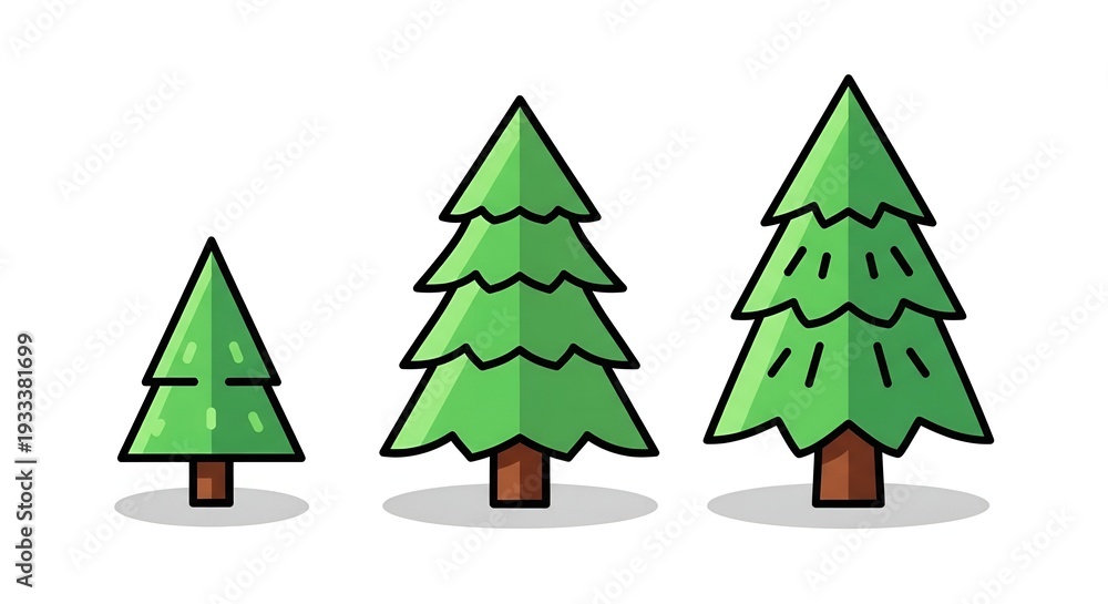 Fototapeta premium Three green pine trees in different sizes with brown trunks