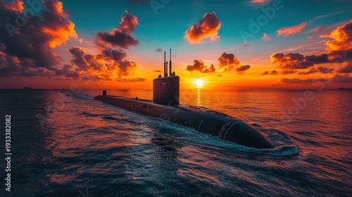 Dramatic sunset over the ocean with a powerful submarine cruising through