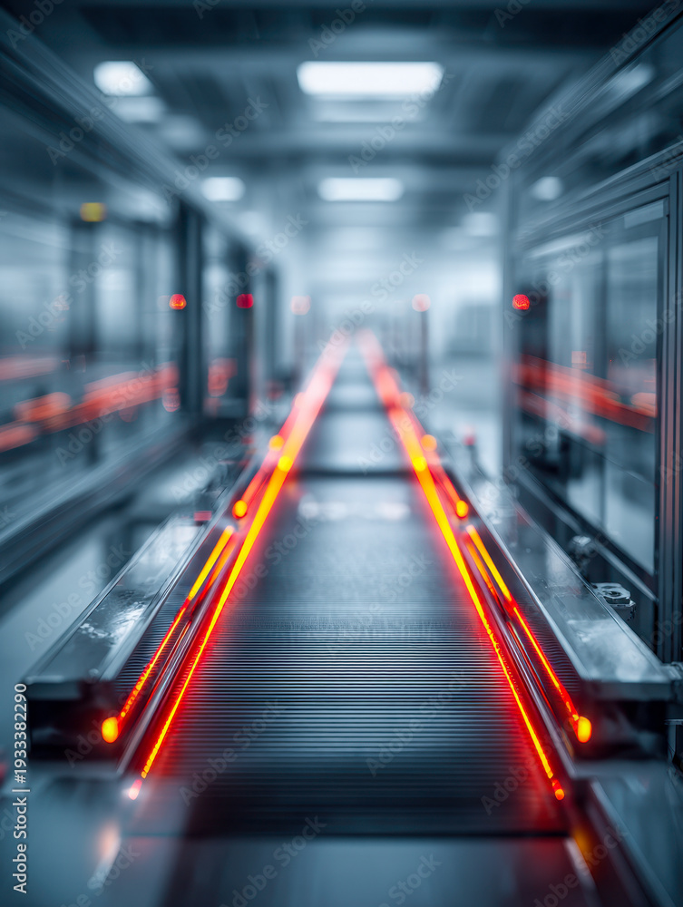Fototapeta premium Futuristic conveyor belt system glowing with vibrant orange light in a high-tech industrial setting with blurred background and sleek metallic design