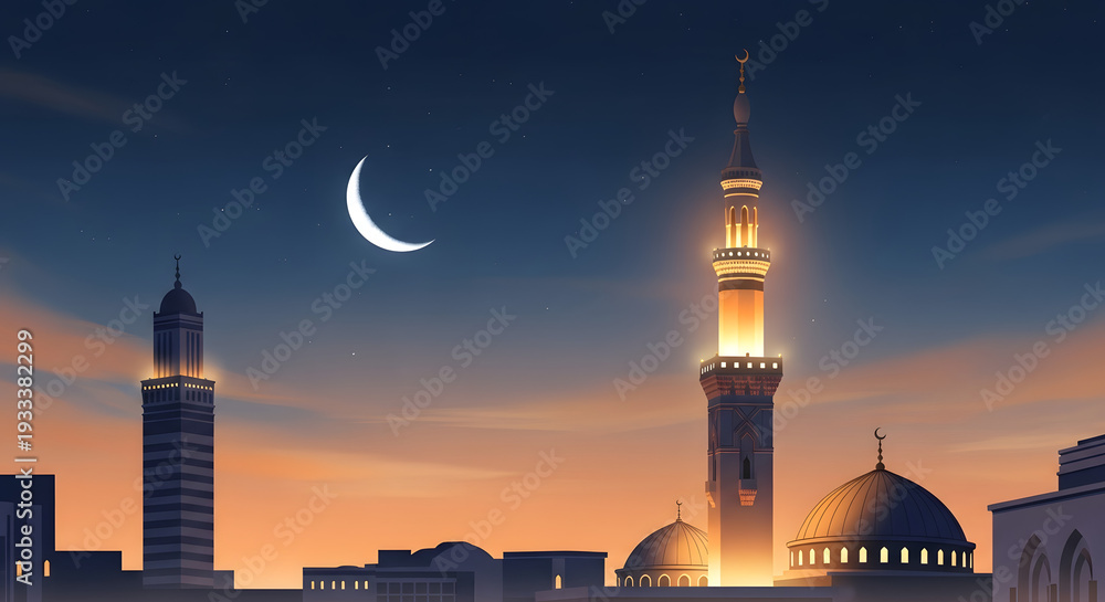 Fototapeta premium Eid mubarak greeting with crescent moon and mosque silhouette at sunset
