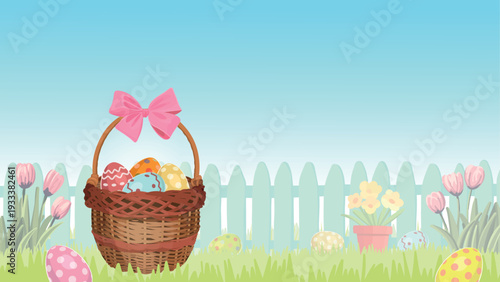 An Easter basket with a bow and colorful eggs. The Easter basket with eggs sits in a beautiful flower garden. Collecting eggs. Happy Easter. Postcard.