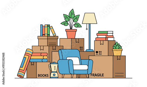 Cardboard moving boxes stacked with an armchair, floor lamp, books, plants, and other items for house moving and delivery