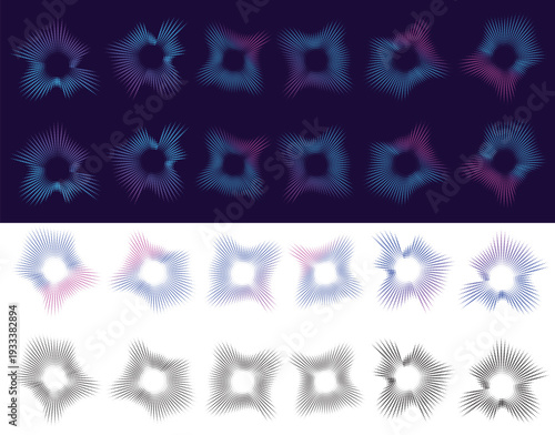 Collection of modern gradients neon and black circular sound equalizer icons fame. Dot gird audio abstract radial waves patterns, editable for music apps, audio software, Audio beat symbol.eps