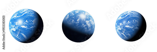 Billede på lærred Set and collection of realistic blue earth like water planets with white clouds