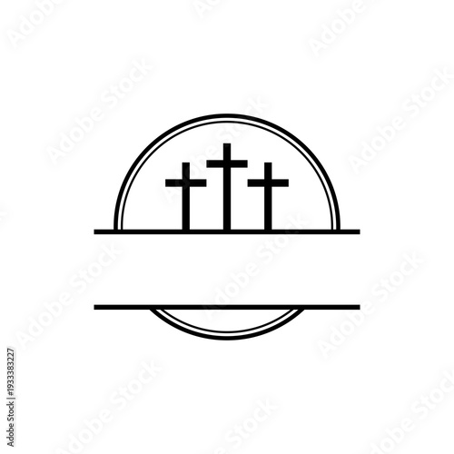 Simple black and white illustration of three crosses on a hill.
