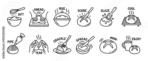 Black line art icons illustrating bread baking steps from sifting flour and kneading dough to glazing, cooling, and enjoying the finished loaf, isolated on a white background