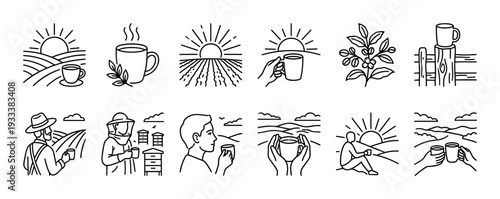 Collection of minimalist coffee themed line icons featuring rural farm landscapes, sunrise scenes, farmers, and hot beverage mugs in a simple black and white outline style isolated on white