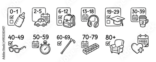 Hand-drawn icon set illustrating human life stages from infancy to old age with corresponding age ranges and symbolic objects like a baby bottle, backpack, and walking cane, isolated on white