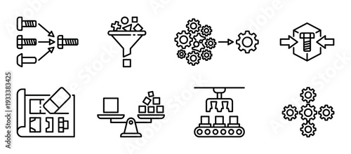 Set of black line process icons representing manufacturing, engineering, automation, and optimization concepts like assembly, filtering, and workflow, isolated on a white background
