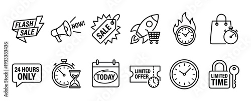 Collection of black outline marketing icons representing limited time offers, flash sales, and e-commerce promotions in a simple linear vector style isolated on a white background