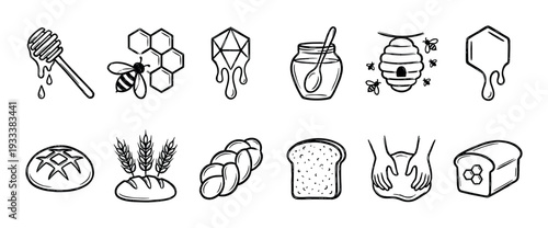 Hand drawn black and white icon set of honey and bread making elements like a bee, honeycomb, beehive, wheat, and dough in a simple doodle style isolated on a white background