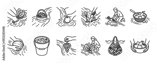 Set of food hygiene icons showing people washing fresh fruits and vegetables in water, harvesting crops, and preparing healthy food in a simple black line art style