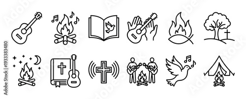 Christian camp and worship line icon set with symbols of faith and fellowship like a bible, guitar, campfire, cross, and dove, representing music, praise, and community gatherings