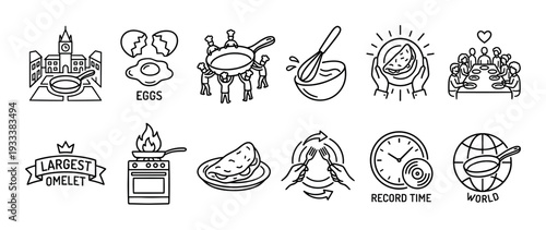 Twelve black and white doodle style icons illustrating a food festival event for cooking a record-breaking giant omelet, featuring cooking process elements on a white background