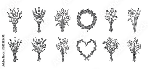 Hand-drawn black and white floral illustrations set with spring bouquets of pussy willow, daffodil, lavender, and poppy, plus rustic twig wreaths isolated on a white background