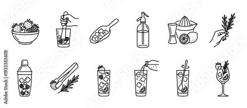 Cocktail making and mixology line art icons set showing bar tools, ingredients, and drink preparation steps, a minimalist black and white vector illustration isolated on white