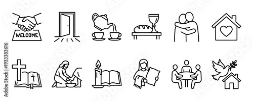 Set of Christian hospitality and community icons showing fellowship, welcome, communion, prayer, and service, rendered in a clean black line art style isolated on white