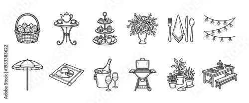 Set of black and white garden party doodle icons showing a picnic basket, barbecue grill, tea set, flowers, and outdoor celebration elements in a simple line art style isolated on white