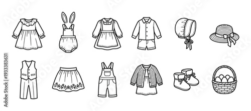 Set of black and white children's clothes illustrations for spring or Easter, including dresses, overalls, hats, and a basket of eggs, isolated on a white background