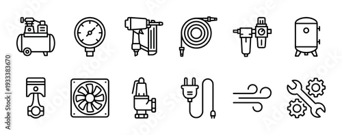 Air compressor and pneumatic tools line icon set showing a gauge, nail gun, hose, tank, and piston, representing industrial equipment and workshop machinery isolated on white