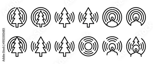 Set of black linear icons depicting trees and people with signal waves for concepts like nature podcasts, broadcasting, and communication, isolated on a white background