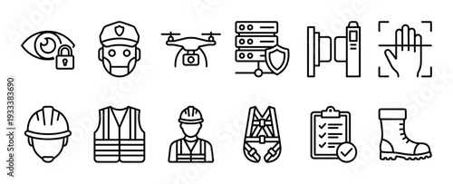 Set of security and safety line icons representing surveillance, data protection, biometrics, and personal protective equipment for workplace safety, isolated on a white background
