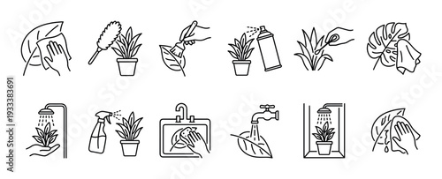 Houseplant care line icon set showing various cleaning and watering methods for indoor plants, including wiping leaves, dusting, spraying, and showering, isolated on a white background