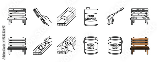 Wood bench refinishing process icon set showing steps from weathered to new with tools like stripper, stain, and paint isolated on white
