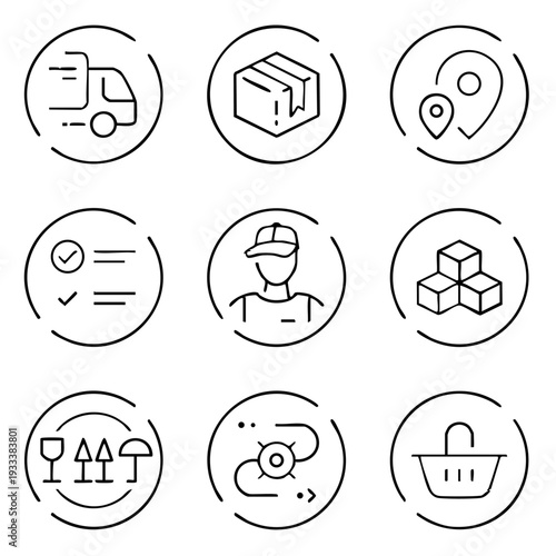 A collection of nine black and white icons related to logistics and delivery, including a truck, box, location pin, checklist, worker, cubes, fragile symbol, navigation, and shopping basket