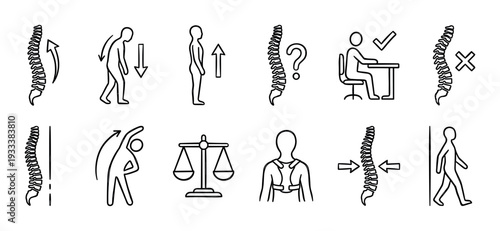Spinal health and posture correction line icons showing slouching, exercise, ergonomics, and alignment concepts isolated on a white background