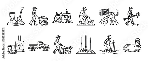 Farming and rural life line art icon set showing a muddy tractor, farmer, boots, and agricultural tools for country living, isolated on a white background