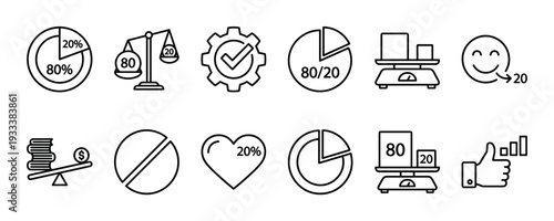 Collection of thin line icons illustrating the Pareto principle or 80/20 rule with charts, scales, and other symbols for productivity, management, and business strategy concepts