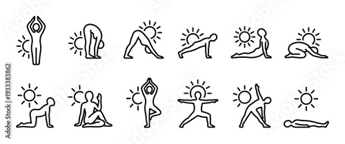 Set of twelve yoga pose icons in a minimalist line art style showing a sun salutation sequence for morning exercise, isolated on a clean white background for easy use